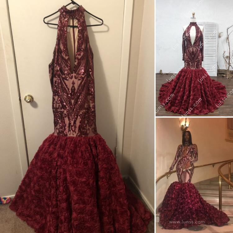 tailored burgundy sequin and 3D rosettes trumpet floor length prom gown
