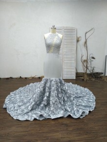 customized beaded silver lace and 3D rose mermaid dress