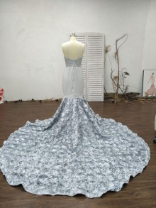 customized beaded silver lace and 3D rose prom dress
