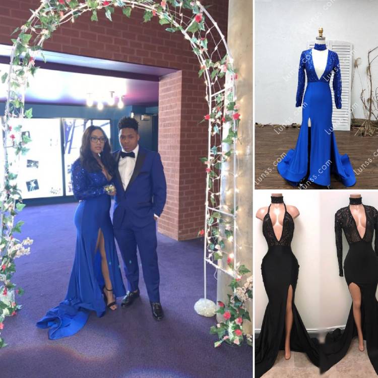 Sexy and sparkly custom plunging neckline royal blue prom dress with long sleeve