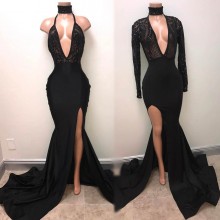 Sexy and sparkly plunging neckline royal blue prom dress with long sleeves