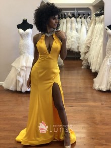 beaded halter neckline gold satin prom dress