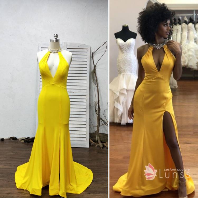 beaded halter neckline yellow jersey long custom made prom dress