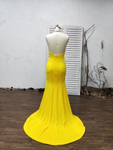 open back yellow prom dress