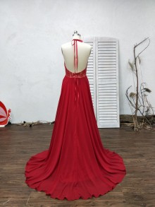 dark red lace and chiffon custom prom gown