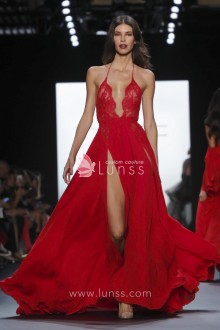 dark red lace and chiffon scalloped plunging neckline prom gown