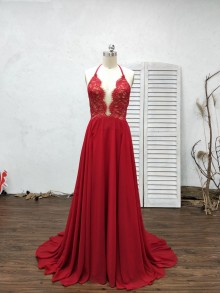 dark red scalloped plunging neckline custom prom gown
