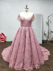 Rose gold short sleeve sheer lace ball gown graduation dress