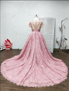 Rose gold short sleeve sheer lace ball gown