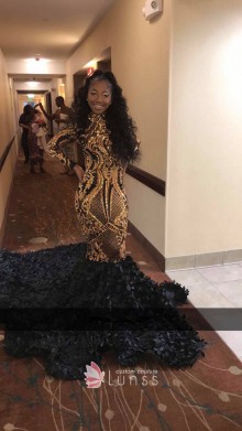 Custom long sleeve high neck mermaid prom dress with long 3D flower train