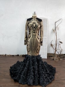 Custom made long sleeve high neckline mermaid prom dress with 3D flower train