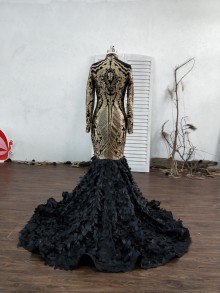 Custom size long sleeve high neck mermaid prom dress with 3D leaf train