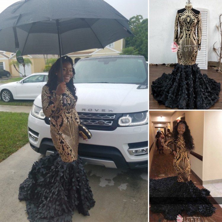 Unique Black Gold Sequin Mermaid Prom Dress Long Leaf Train