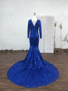 Custom made royal blue prom dress with sexy open back and long train