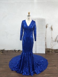 Designer custom made royal blue prom dress with long sleeves
