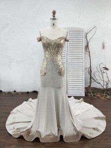 gold embroidery sequin with creme velvet dress
