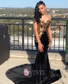 gold sequin with black velvet dress