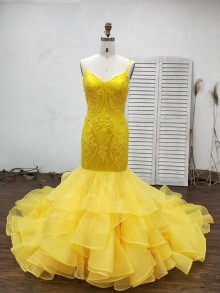 beaded canary yellow lace and tulle prom dress