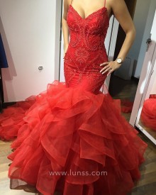 beaded red lace and tulle sparkle prom dress