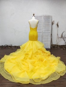 canary yellow lace and tulle prom dress