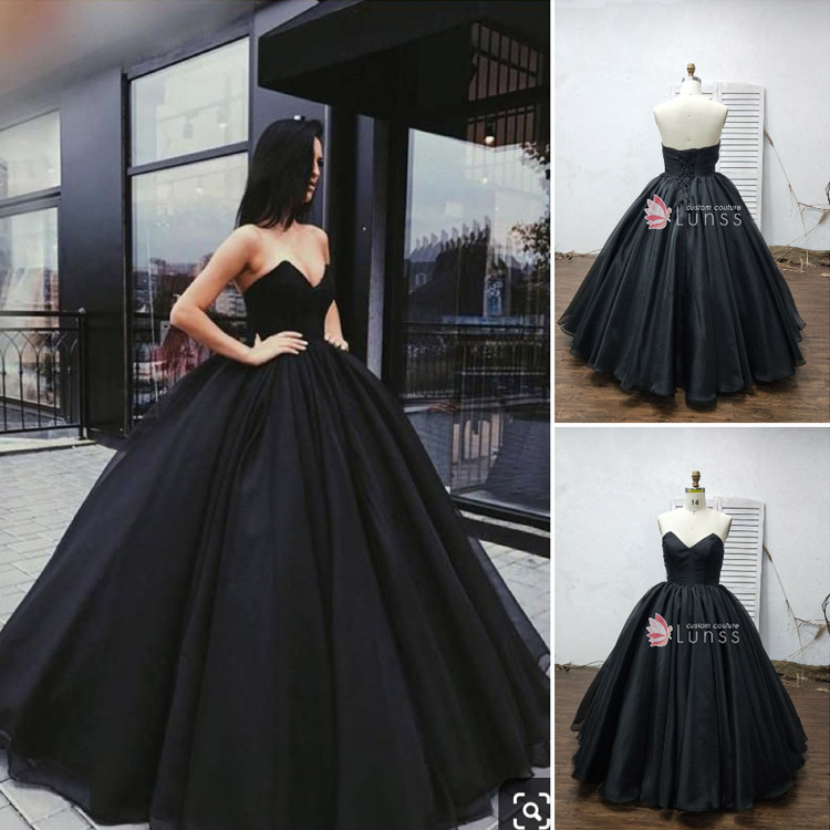 black organza and satin gown with lace up corset back