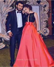 Designer Custom Made Two Tone A line Prom Dress with Pockets and Open Back