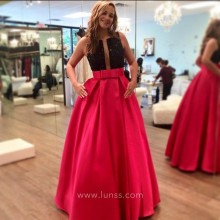 Designer Two Tone Floor length A line Prom Dress with Pockets and Open Back