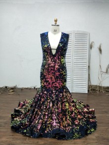 Plus size sparkly galaxy plunging mermaid prom dress