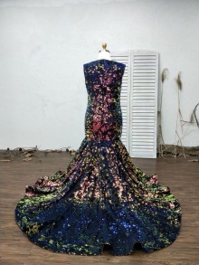 Plus size sparkly galaxy plunging mermaid prom dress with long train