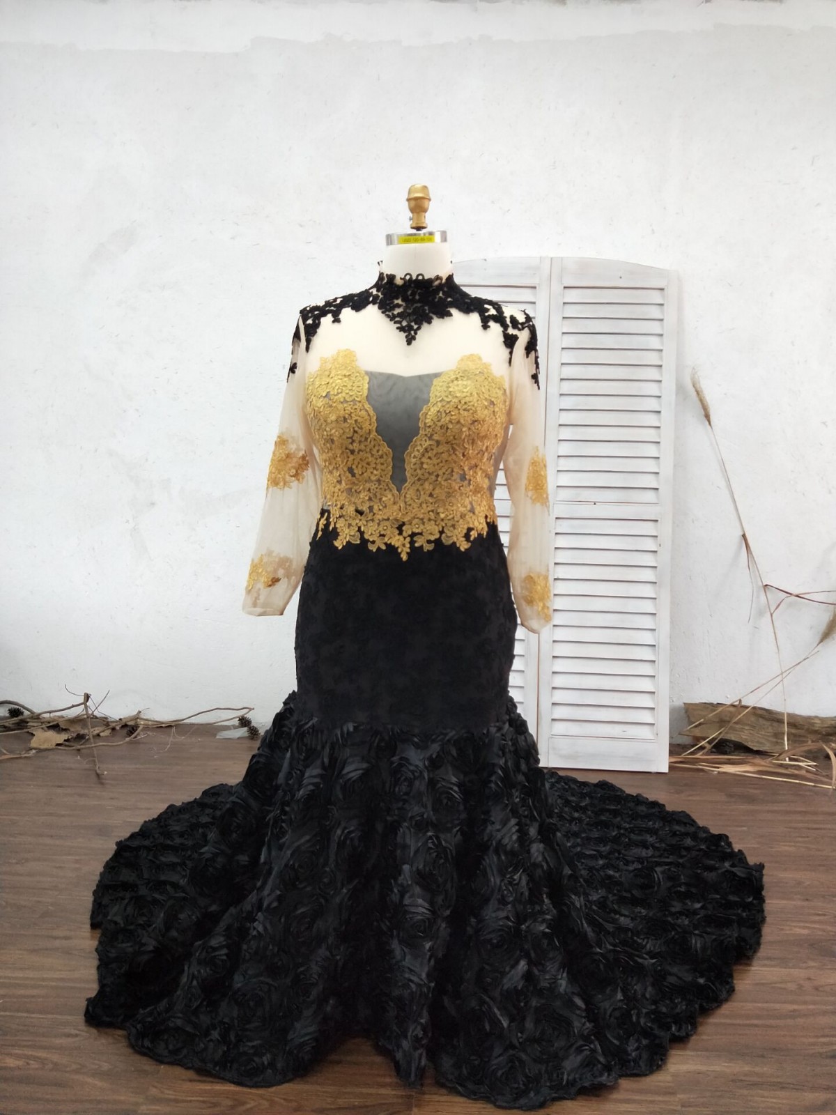 Customized Illusion Long Sleeve High Neck Lace Prom Dress with Long 3D ...