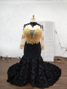 Illusion long sleeve high neck lace bodice with mermaid 3D flower train