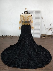 Illusion long sleeve high neck lace bodice with sheer back and mermaid 3D flower train
