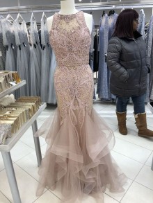 Jewel sparkly mermaid formal dress with ruffled bottom