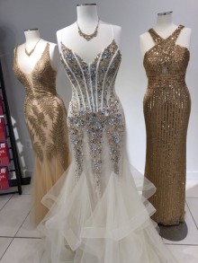 Spaghetti strap beaded mermaid formal dress with ruffled skirt