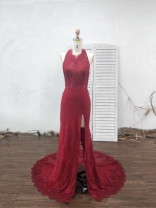 custom made burgundy lace mermaid prom dress