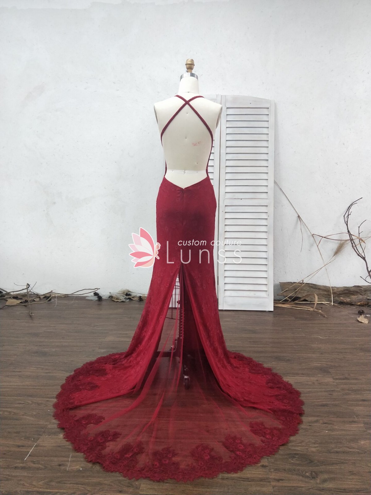 Custom-made Burgundy Lace Mermaid Floor Length Prom Dress - Lunss