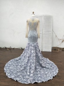 Lunss silver lace and 3D rostte prom dress