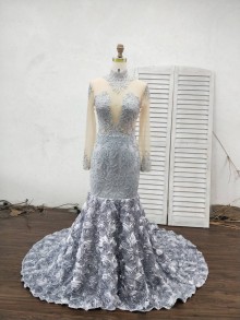 custom made silver lace and 3D rostte prom dress