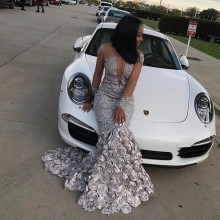 silver lace and 3D rostte prom dress