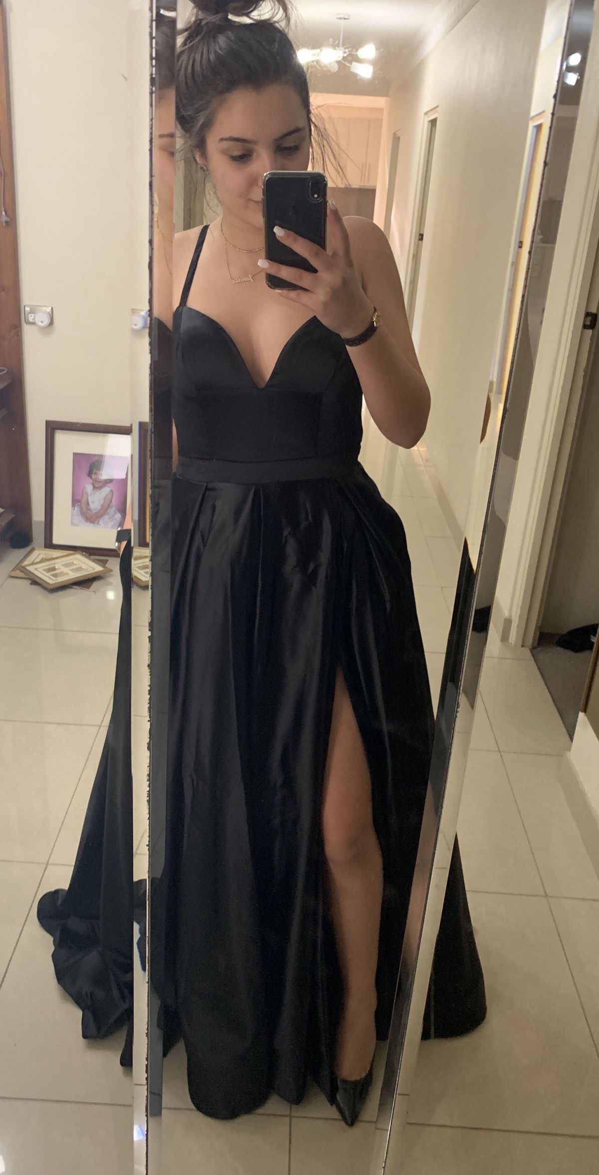 Custom Made Black Satin Simple Slit Prom Dress - Lunss