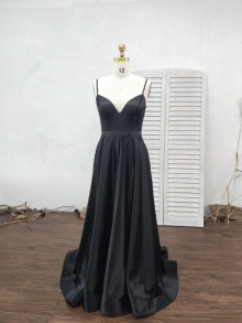 black satin simple slit prom dress