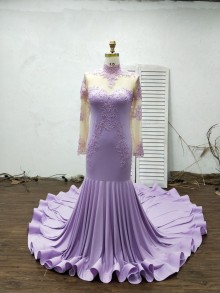 Lilac Custom Made Illusion Sleeved High Neck Lace Jersey Long Prom Dress