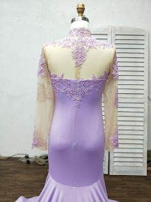 Lilac Custom Made Long Sleeve Lace Jersey Long Prom Dress with Sheer Back