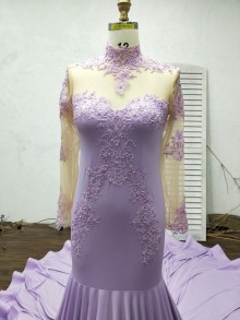 Lilac Custom Made Sleeved Lace Jersey Long Prom Dress with Illusion High Neckline