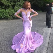 Lilac Illusion Long Sleeve Lace Jersey Long Fit and Flare Prom Dress