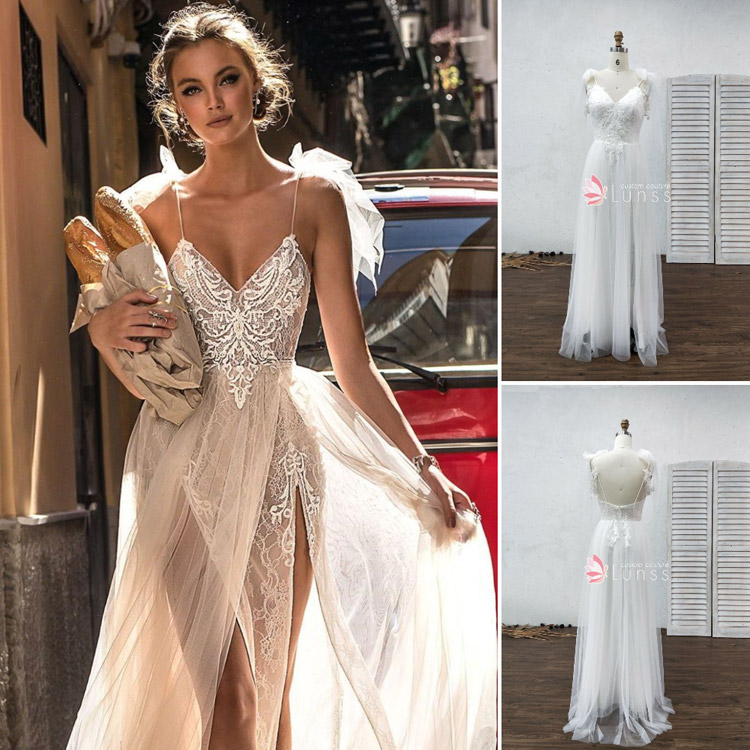 custom made white lace and tulle wedding dress