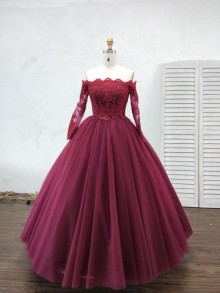 custom made maroon tulle and lace dress