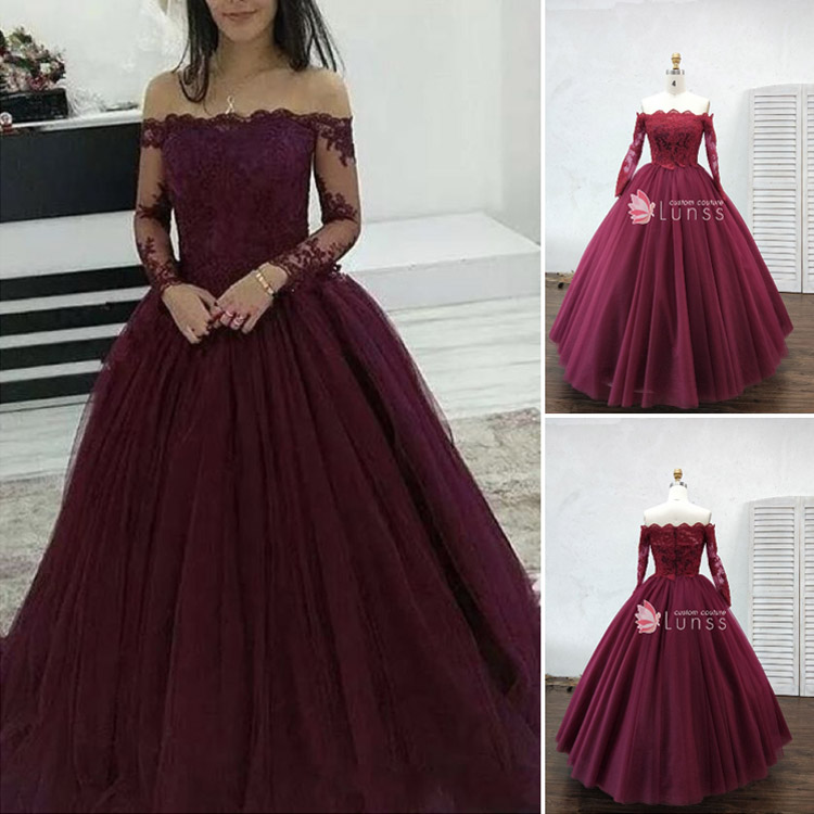 custom made maroon tulle and lace sweet 16 dress