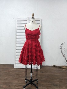 Lunss burgundy tassel lace homecoming dress