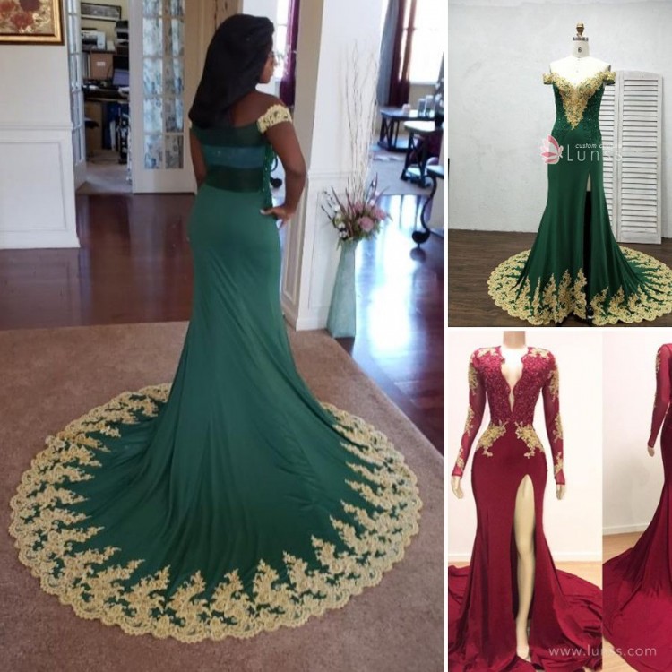 Off the Shoulder Custom Beaded Lace Emerald mermaid prom dress